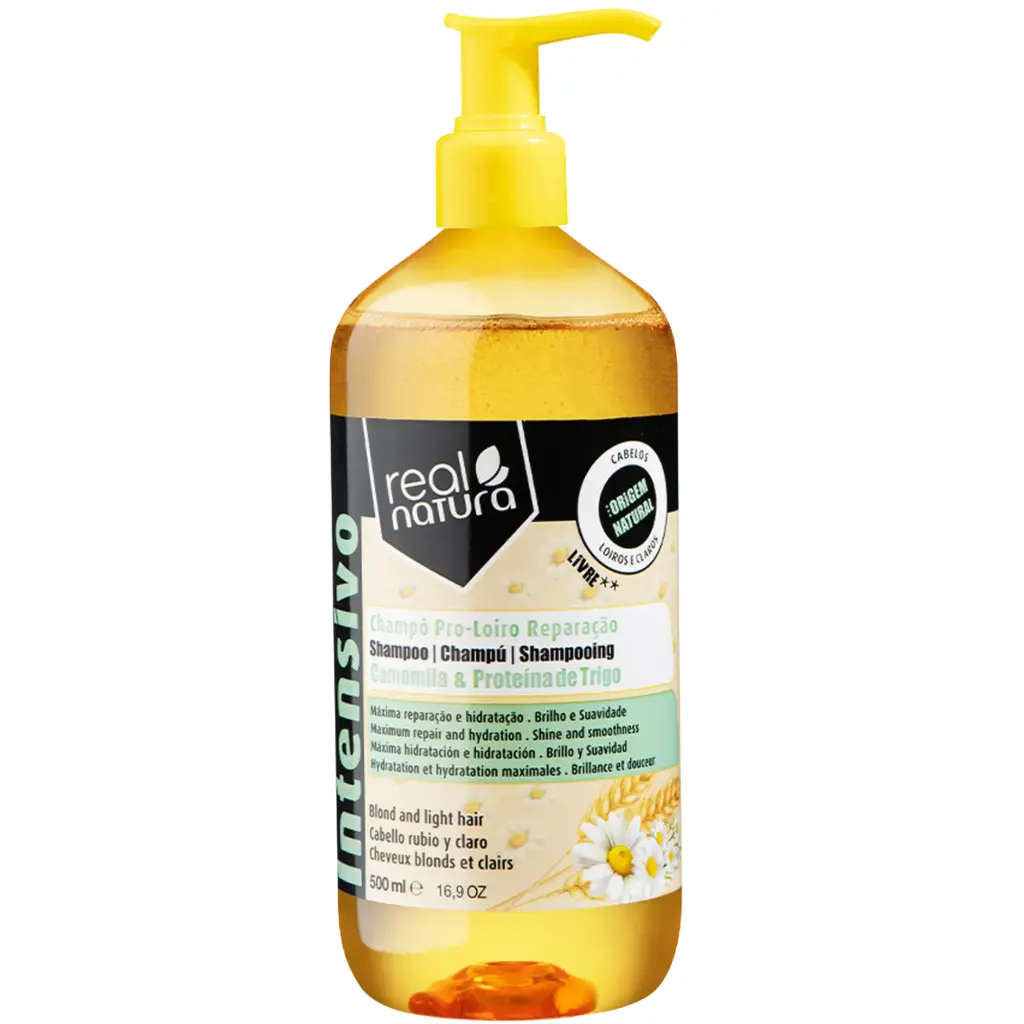 Champô de Reparação para Cabelos Loiros - Pro-Loiro Reparação Camomila  - Camomila e Proteína de Trigo" Real Natura 500ml