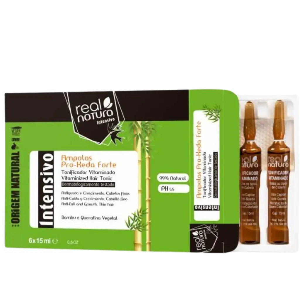 Ampolas Fortificantes "Pro-Keda Forte - Bambu e Queratina Vegetal - Antiqueda e Crescimento. Cabelos Finos" Real Natura 6x15ml