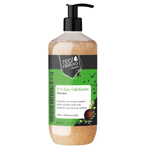 [5600493405990] Champô "Pro-Spa Exfoliante - Oliva e Grão de Damasco - Exfoliação Suave do Couro Cabeludo" Real Natura 500ml