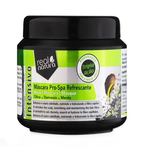 [5600493406003] Máscara "Pro-Spa Refrescante - Oliva, Damasco e Menta - Refresca o Couro Cabeludo, Nutrindo e Hidratando a Fibra Capilar." Real Natura 200ml